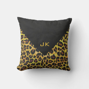 Monogram with Leopard Brown and Yellow Throw Pillow