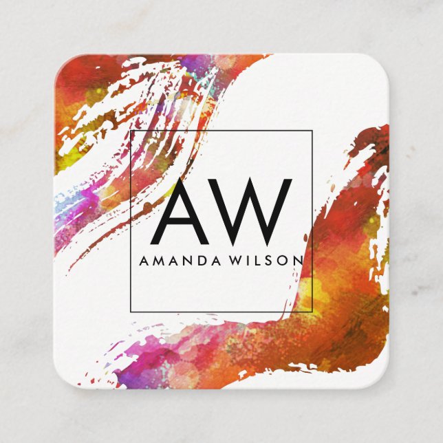 Monogram with Modern Watercolor Brushed Square Business Card (Front)