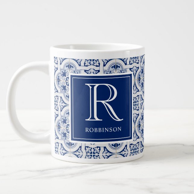 Monogram with Name  Blue Sicilian Tile  Large Coffee Mug (Left)