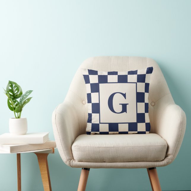 Monogram with Navy Cream Chequered Border Throw Pillow (Chair)