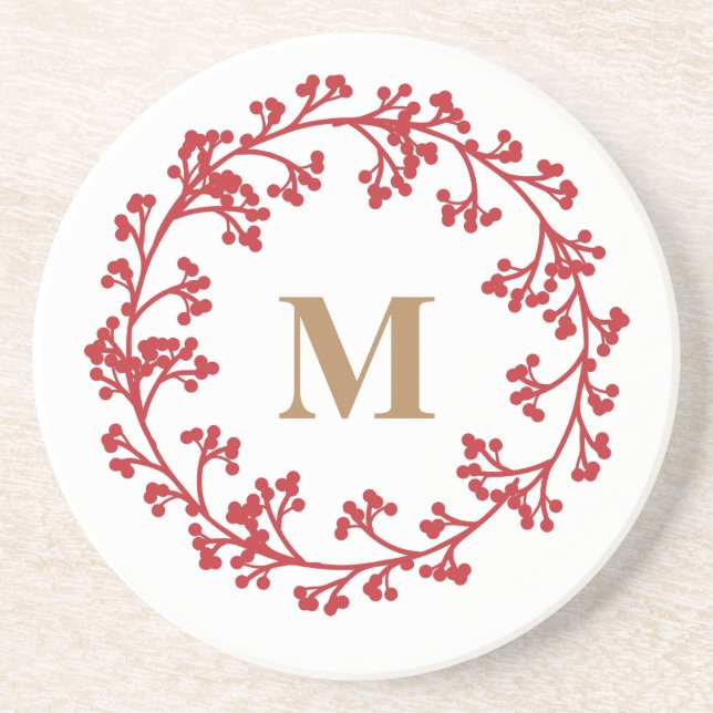 Monogram with Red Christmas Berry Wreath Coaster (Front)
