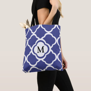 Monogram With Royal Blue Floral Quatrefoil Pattern Tote Bag