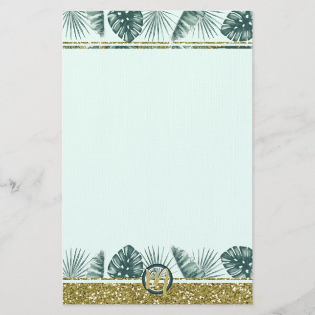 Monogram with tropical leaves and glitter stationery (Front)