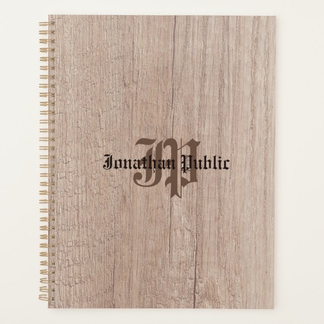 Monogram Wood Board Plank Look Old Script Template Planner (Front)