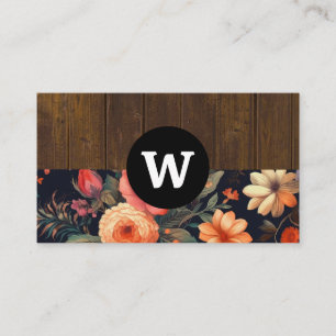Monogram   Wood Grain   Floral Pattern Business Card