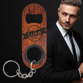 Monogram Wood Grain Photo Wedding Mini Bottle Opener