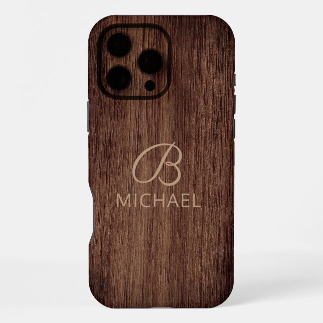 Monogram Wood Grain Timber Personalized Name iPhone Case (Back)