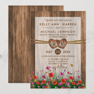 Monogram Wood Hearts with Beautiful Wildflowers Invitation