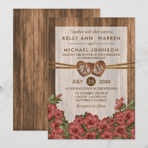 Monogram Wood Hearts with Dusty Rose Lilies Invitation