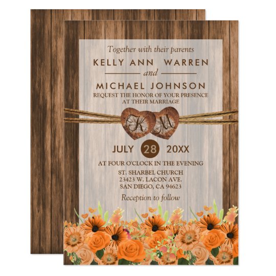 Monogram Wood Hearts with Orange Daisy and Roses Card