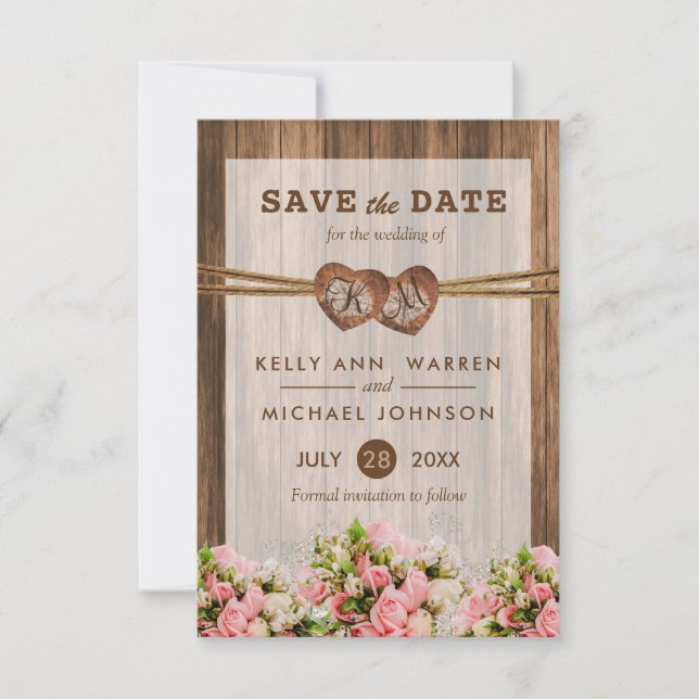 Monogram Wood Hearts with Pink and White Roses Save The Date (Front)