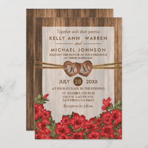 Monogram Wood Hearts with Red Lilies Invitation