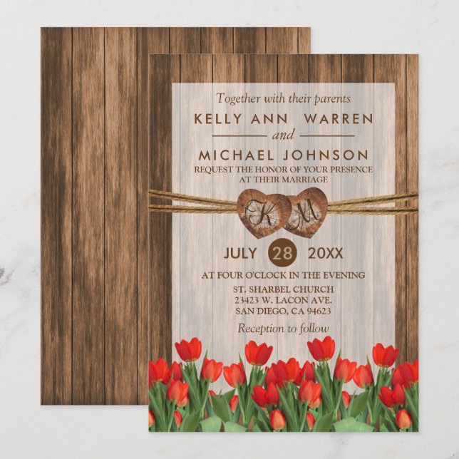 Monogram Wood Hearts with Red Tulips Invitation (Front/Back)