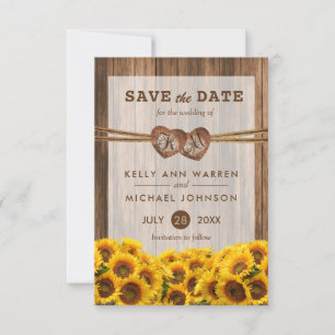 Monogram Wood Hearts with Sunflowers Save The Date