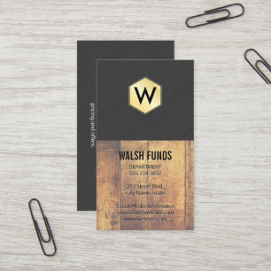 Monogram   Wood   Linen   Gold Business Card