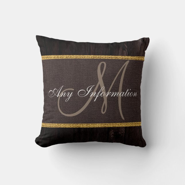 Monogram Wood Look Brown Burlap Rustic Throw Pillow (Front)