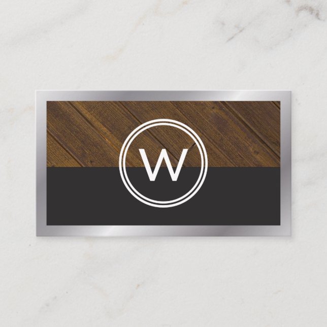 Monogram Wood Two Tone | Metal Border Business Card (Front)