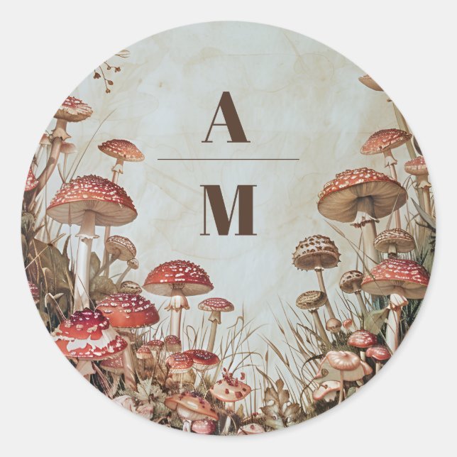 Monogram Woodland Fall Watercolor Mushroom Wedding Classic Round Sticker (Front)