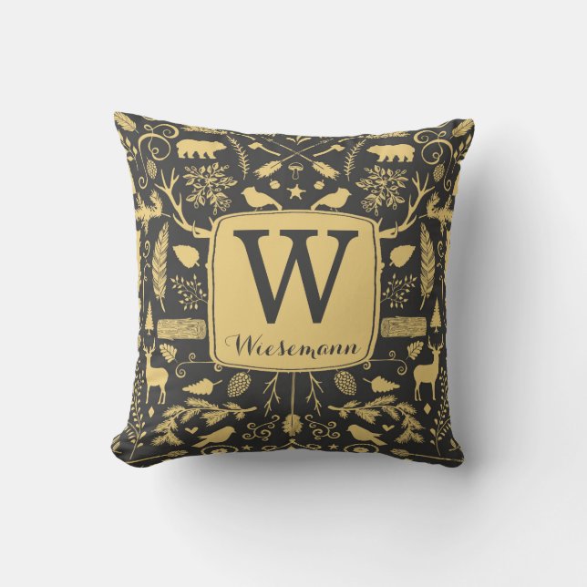 Monogram Woodland Holiday Throw Pillow / Gold (Front)