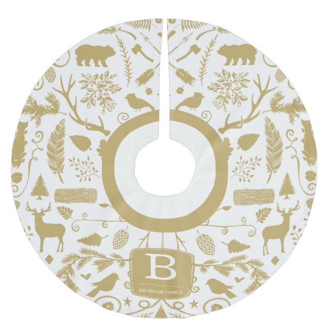 Monogram Woodland Holiday Tree Skirt / Gold (Front)