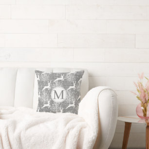 Monogram - Woodland Reindeer - Grey Throw Pillow