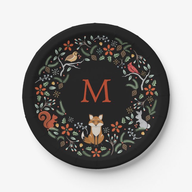 Monogram Woodland Wreath Paper Plate (Front)