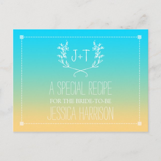 Monogram Wreath Beach Ombre Bridal Shower Recipe Invitation Postcard (Front)