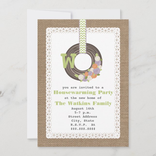 Monogram Wreath Burlap Inspired Housewarming Party Invitation (Front)