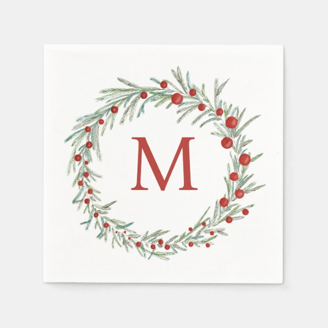 Monogram Wreath Christmas Napkins (Front)