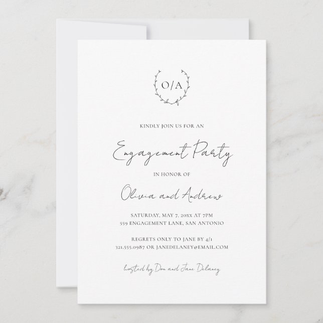 Monogram Wreath Classic Elegant Engagement Party Invitation (Front)