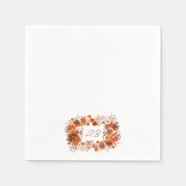 Monogram Wreath Cream Floral Terracotta Wedding Napkin (Front)