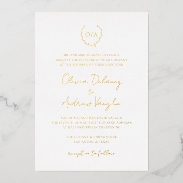 Monogram Wreath Elegant All In One Wedding Gold (Front)