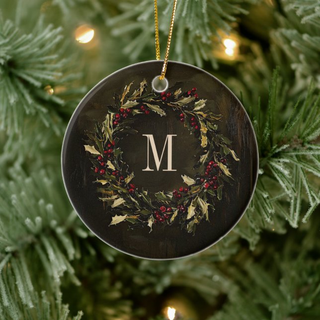 Monogram Wreath Festive Christmas Holiday Custom Ceramic Ornament (Tree)