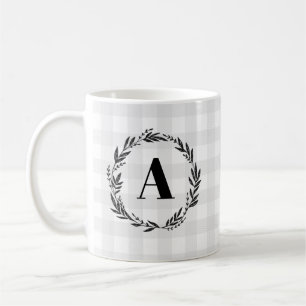 Monogram Wreath Grey Check Pattern Coffee Mug