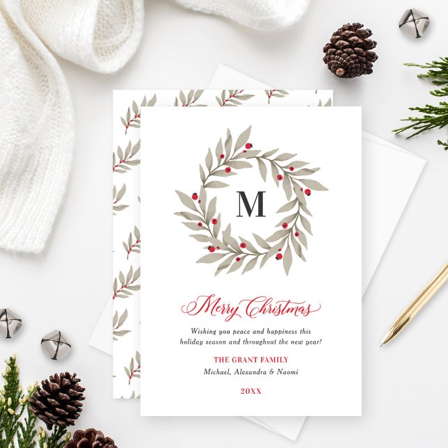 Monogram Wreath Merry Christmas Greenery Holiday Card (Creator Uploaded)