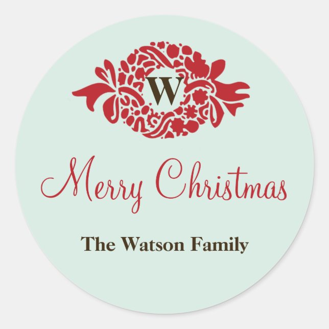 Monogram wreath mint Christmas holiday gift tag (Front)