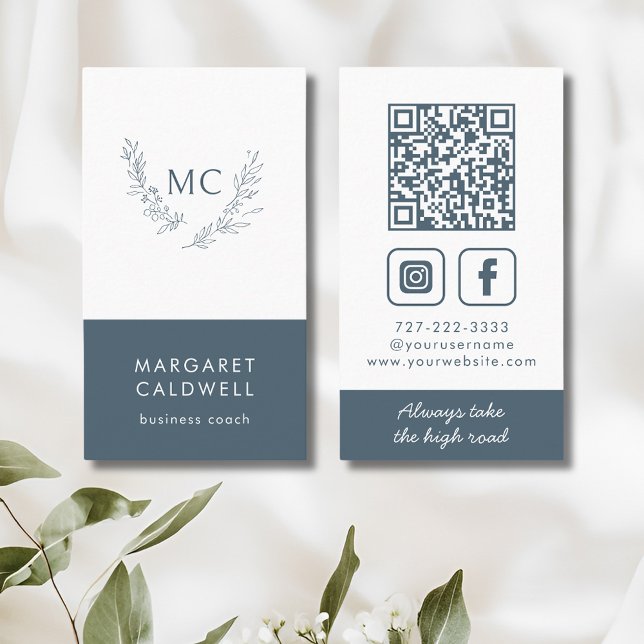 Monogram Wreath Neutral Slate Vertical Business Card (Slate Gray Monogram Wreath Social Media Vertical Business Card)
