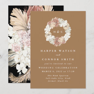 Monogram Wreath Pampas Grass Floral Tropical Invitation