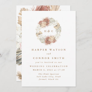Monogram Wreath Pampas Grass Floral Tropical White Invitation