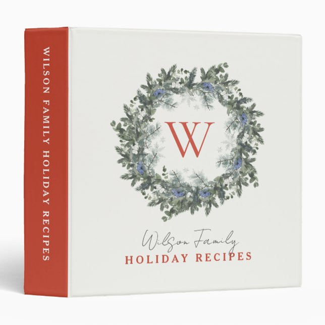 Monogram Wreath Photo Holiday Recipe Binder Book (Front/Spine)