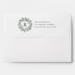 Monogram wreath printed return address envelope