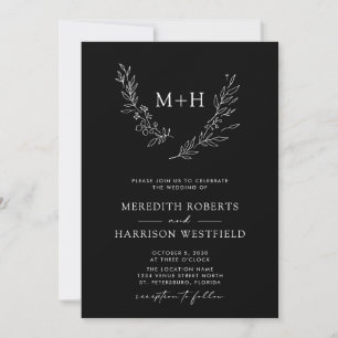 Monogram Wreath QR Code Black and White Wedding Invitation
