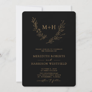 Monogram Wreath QR Code Gold on Black Wedding Invitation