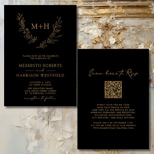 Monogram Wreath QR Code Gold on Black Wedding Invitation