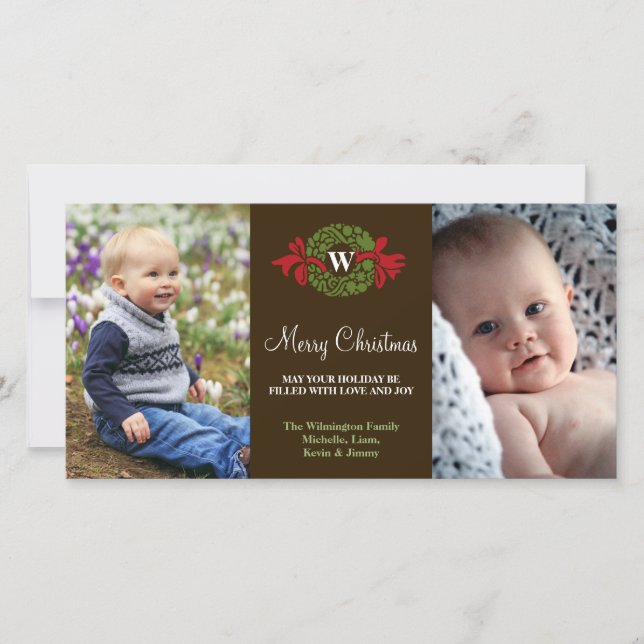 Monogram wreath red green merry Christmas greeting Holiday Card (Front)