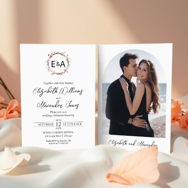 Monogram Wreath Rose Gold Foil Photo Wedding Invitation (Creator Uploaded)