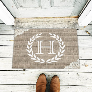 Monogram Wreath Rustic Burlap & Lace Doormat