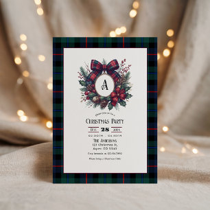 Monogram Wreath Vintage Plaid Christmas Party Invitation