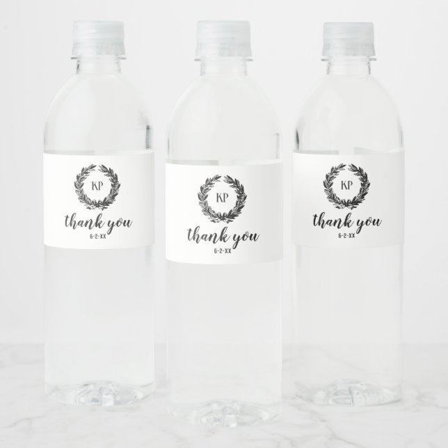 Monogram Wreath Wedding Custom Favours Water Bottle Label (Bottles)