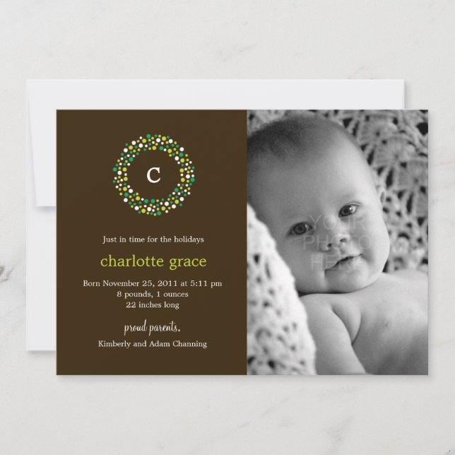 Monogram Wreath Winter Birth Announcement (Front)